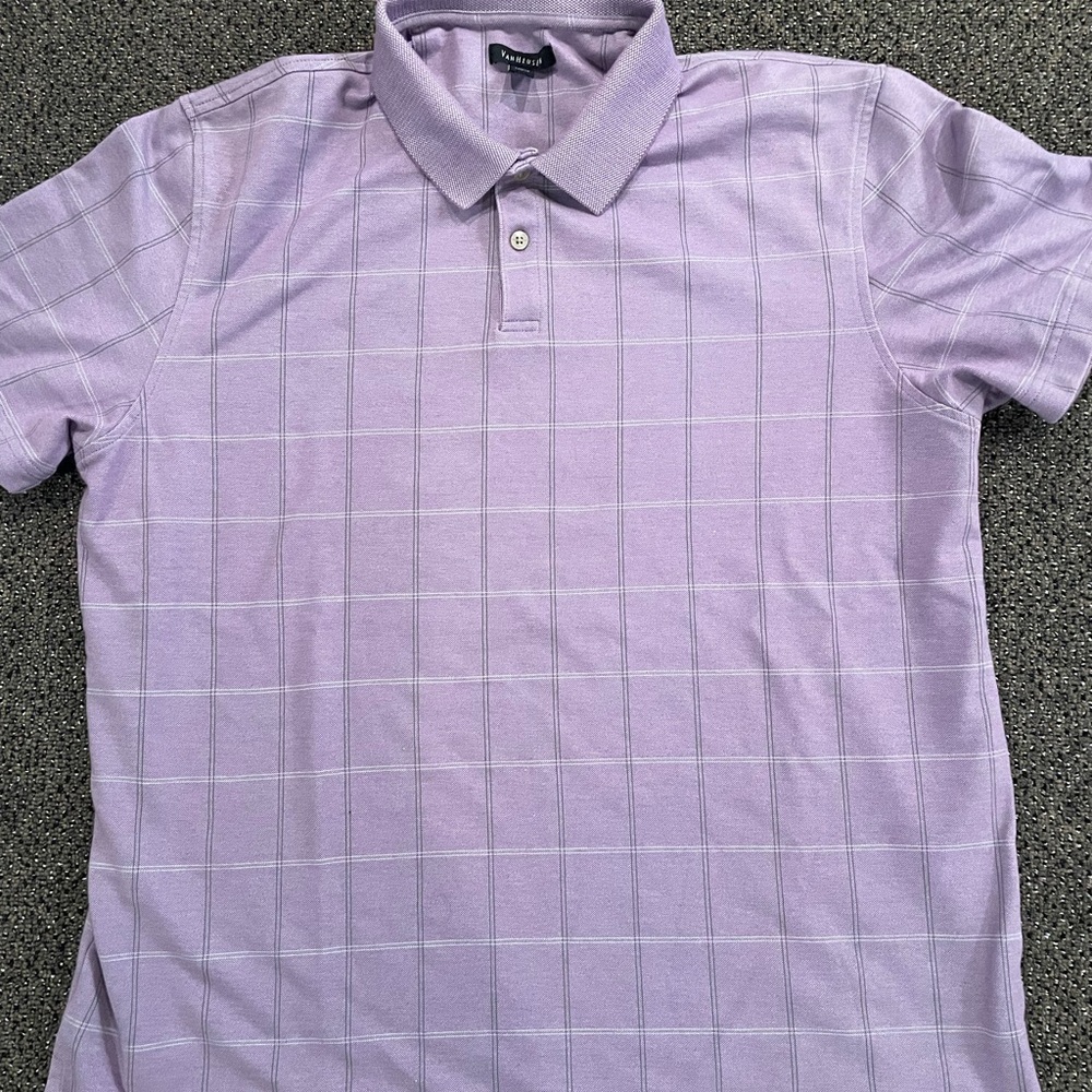 Van Heusen Polo Shirt, Size L/G, Purple with Grey and White Stripes